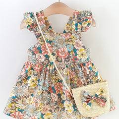 Baby Girls Ruffled Sleeves Flowers Princess Dress & Bow Bag Set