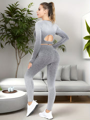 Ombre Hollow Out Long Sleeve Top & Leggings Set, Women's Activewear