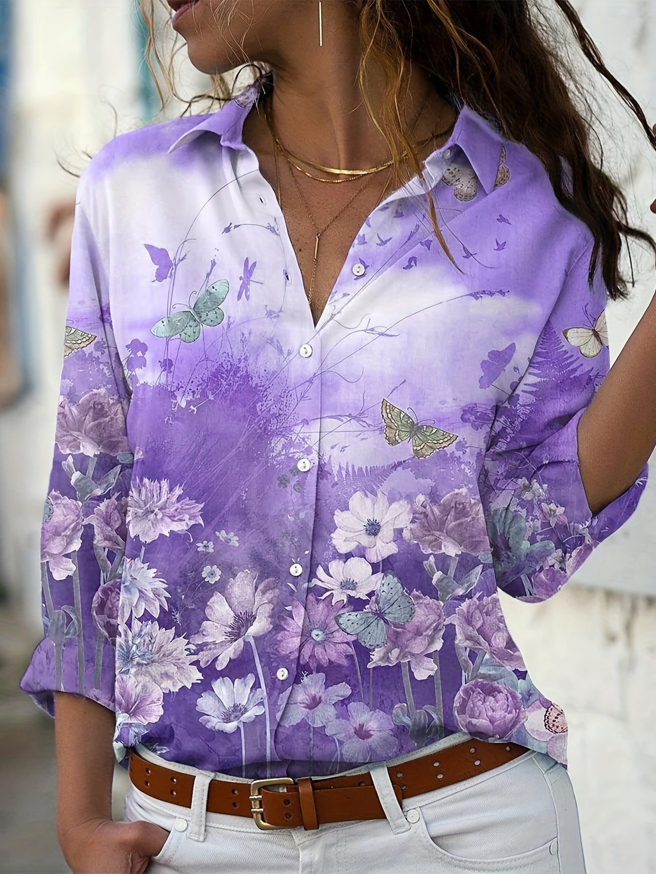 Floral & Butterfly Print Long Sleeve Blouse