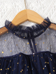 Girls Stars Ruffles Frill Neck Tulle Princess Dress Kids Summer Clothes