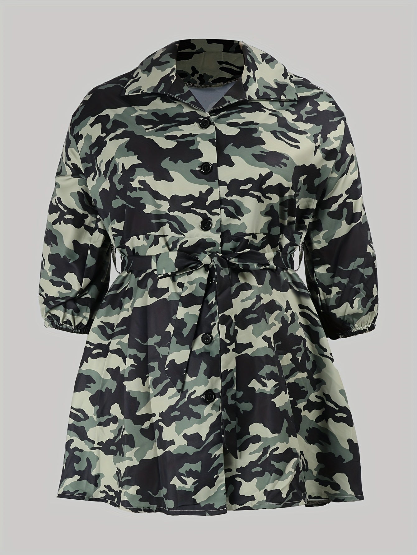 Camo Half Sleeve Button Up Mini Dress With Belt