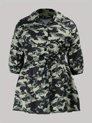 Camo Half Sleeve Button Up Mini Dress With Belt