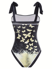 Butterfly Print One Piece Swimsuit & Wrap Cover Up Skirt 2 Piece Set