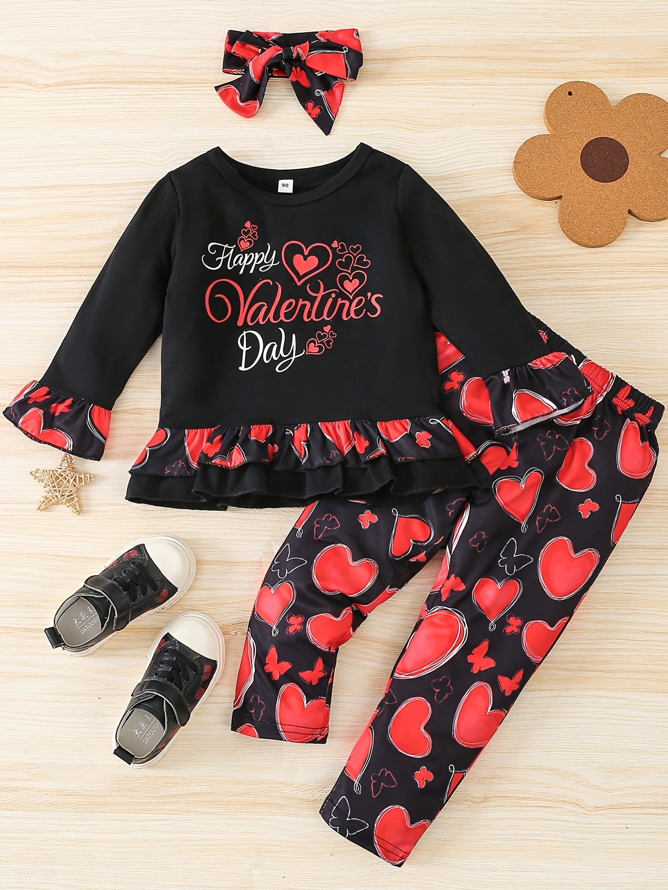 3pcs Girls Happy Long Sleeve T Shirt Top And Heart Print Pants Set