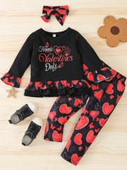 3pcs Girls Happy Long Sleeve T Shirt Top And Heart Print Pants Set