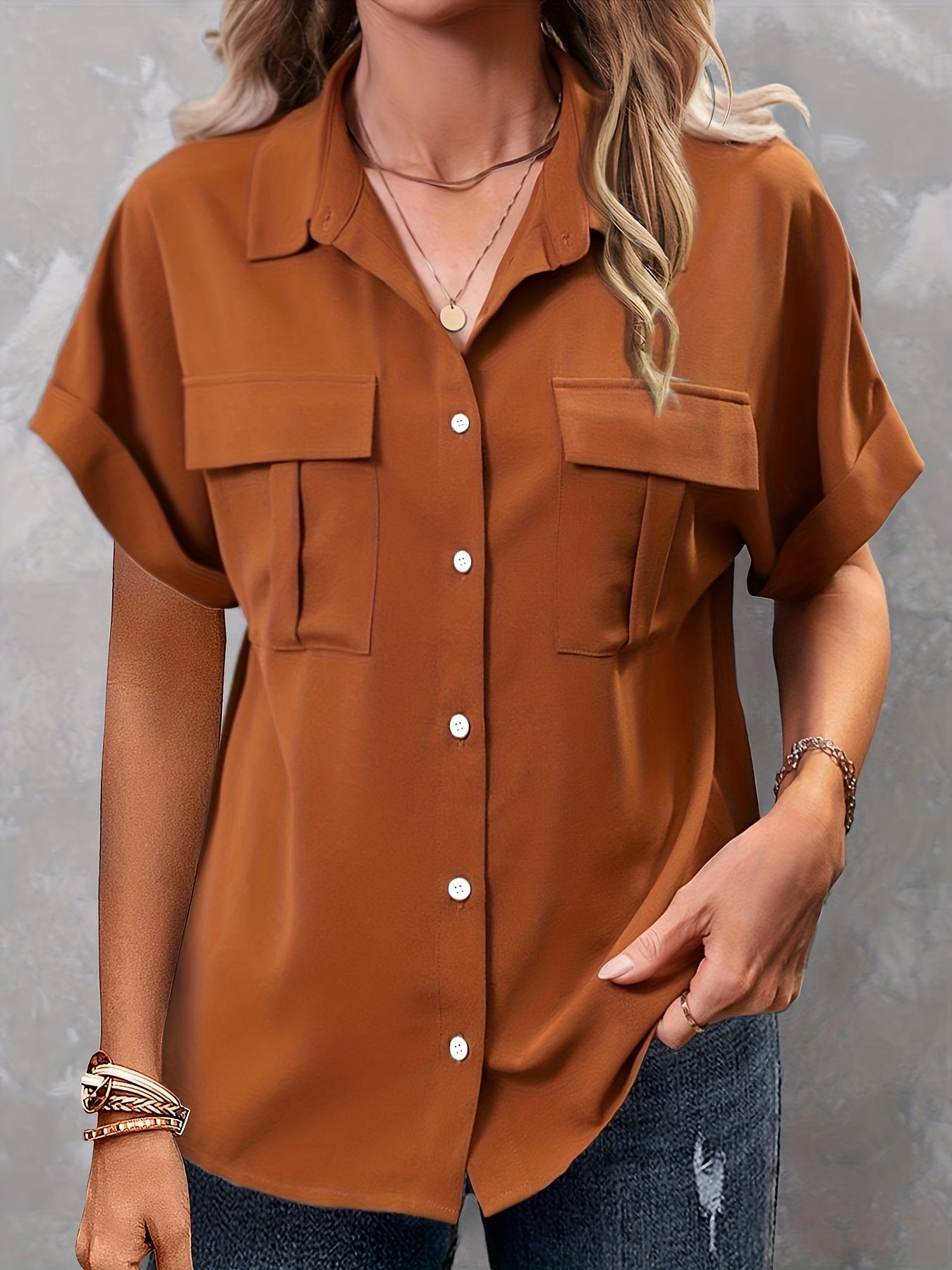 Casual Blouse Women's Plus Short Sleeve Button Up Shirt