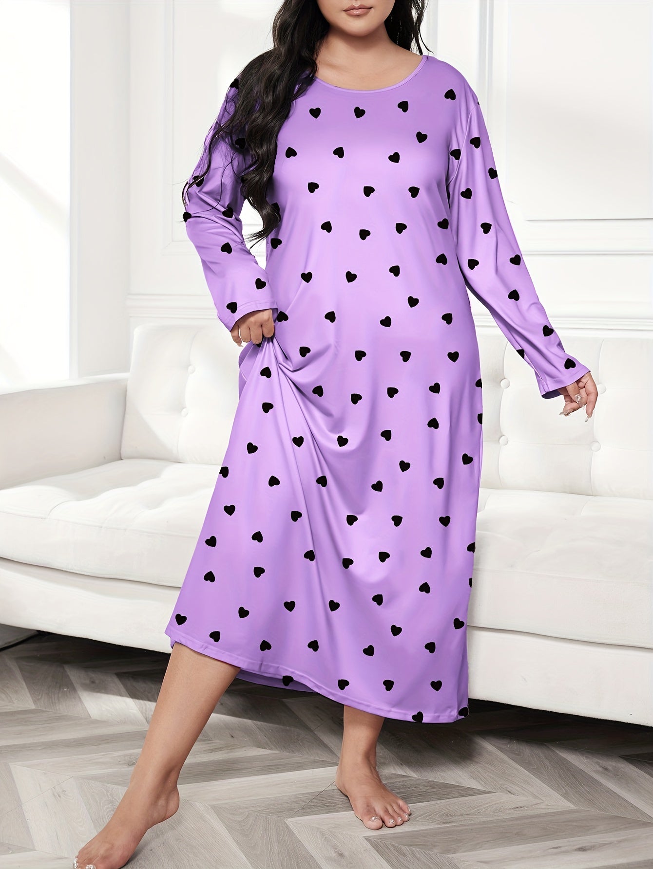 Heart Print Long Sleeve Tee Nightdress