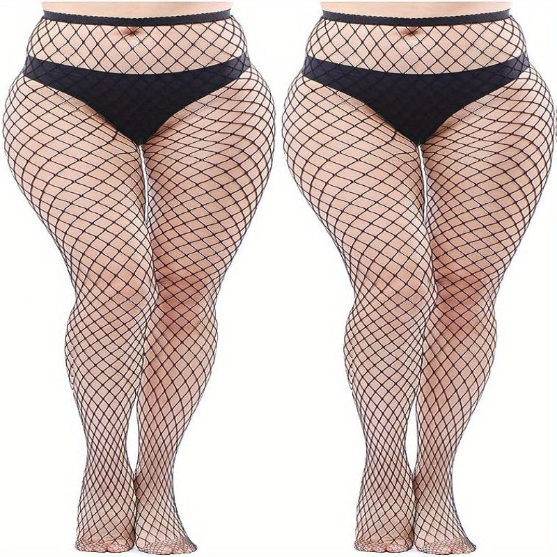 2 Pair Plus Size Casual Stockings Women's Plus Fishnet Footed Tights Set