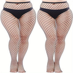 2 Pair Plus Size Casual Stockings Women's Plus Fishnet Footed Tights Set