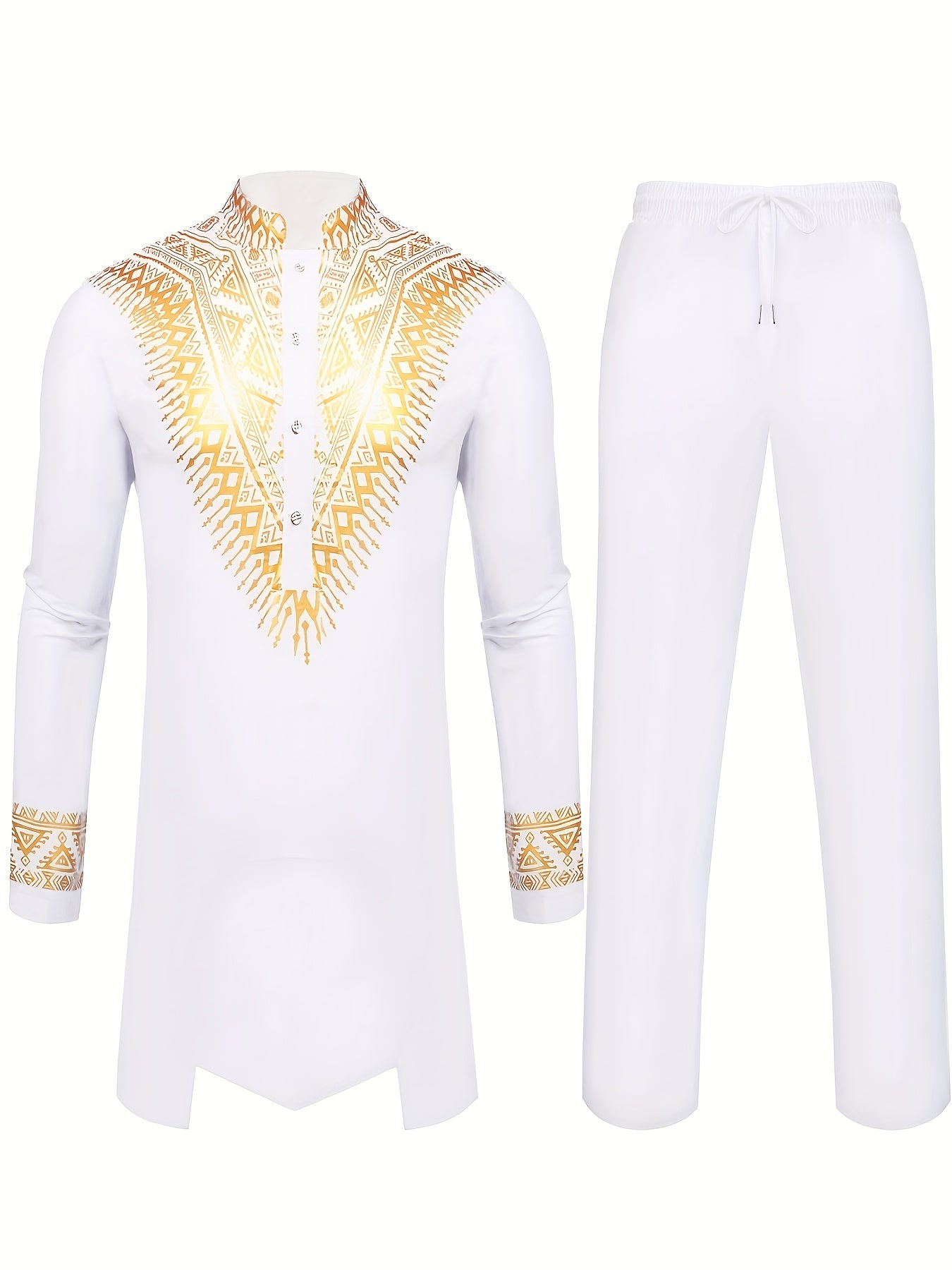 African 2 Piece Set Metallic Golden Pattern Print Cotton Dashiki Shirt And Pants