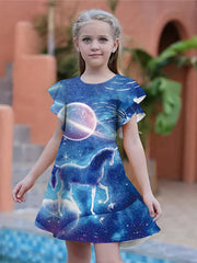 3D Unicorn Graphic Short Sleeve Dress for Girls Summer Gift Party