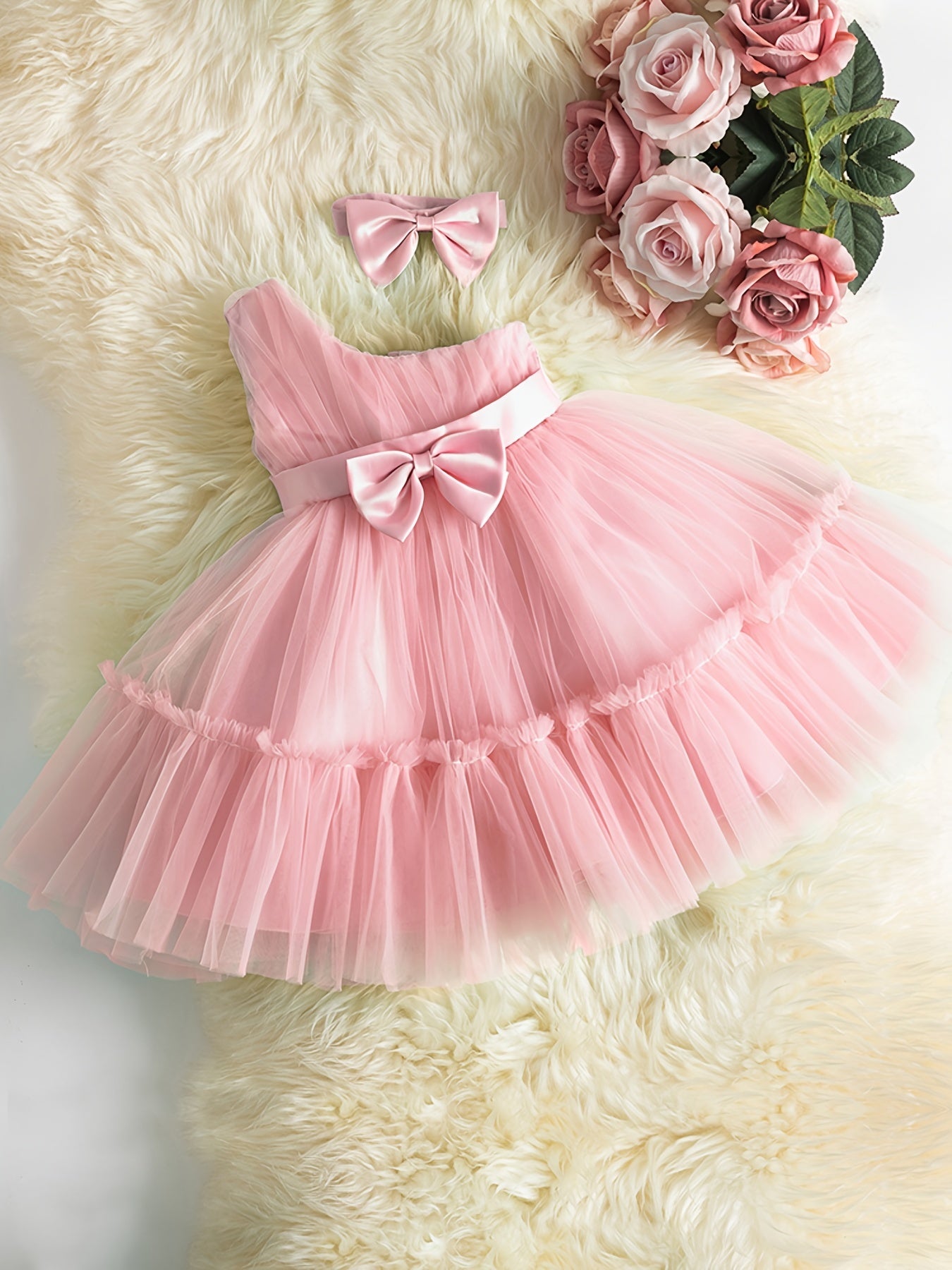 2pcs Baby Girls Cold Shoulder Bowknot Mesh Princess Dress & Headband Set