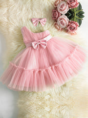 2pcs Baby Girls Cold Shoulder Bowknot Mesh Princess Dress & Headband Set
