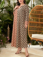 Boho Abaya Dress Women's Plus Colorblock Allover Print Long Sleeve