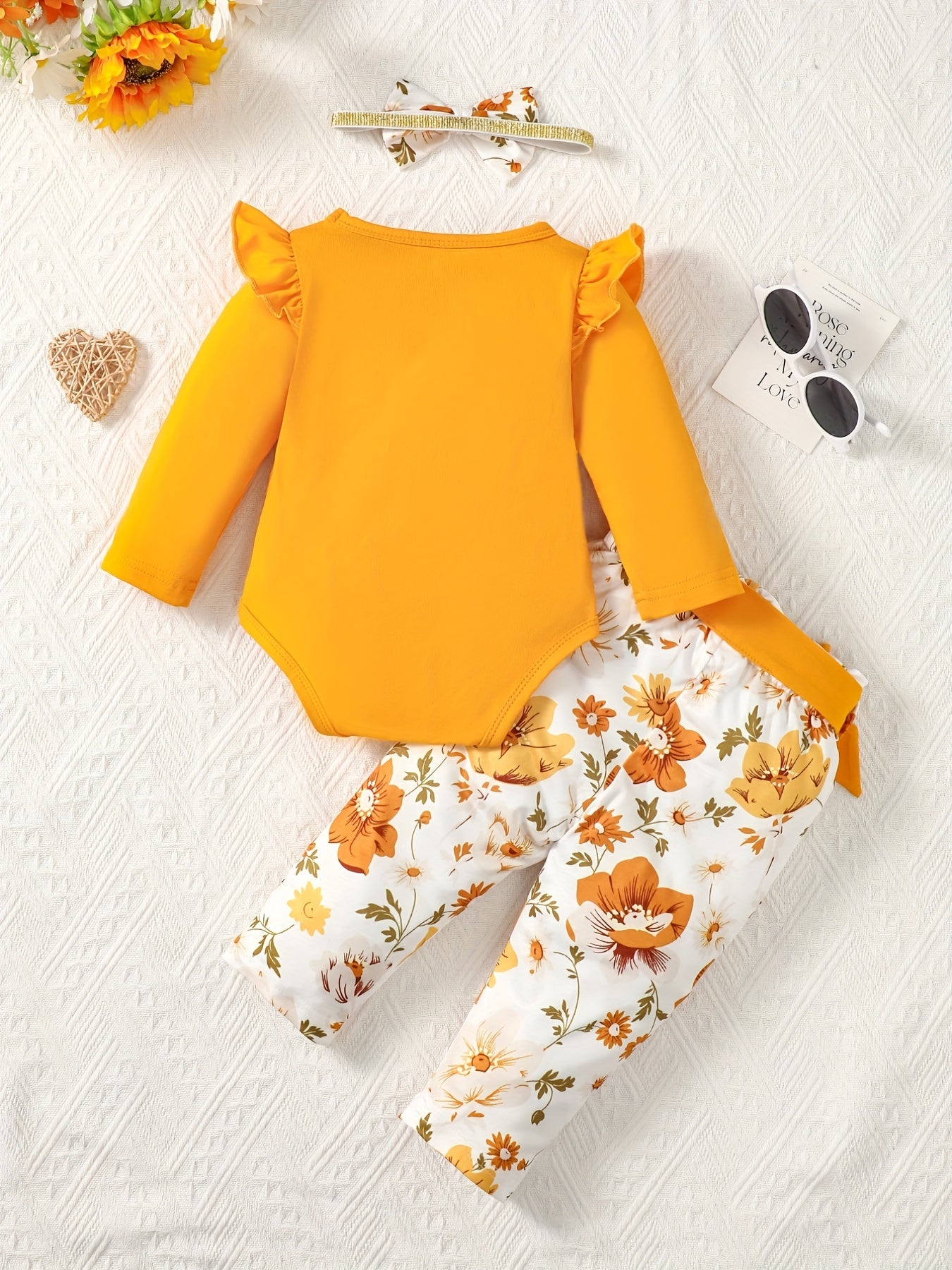 Baby Girls Letter Print Creeper Romper Top Floral Pants Set