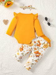Baby Girls Letter Print Creeper Romper Top Floral Pants Set