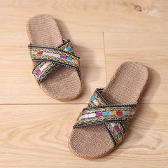 Women's Cross Strap Flat Linen Slides Comfy Ultra Light Open Toe Slip On Shoes