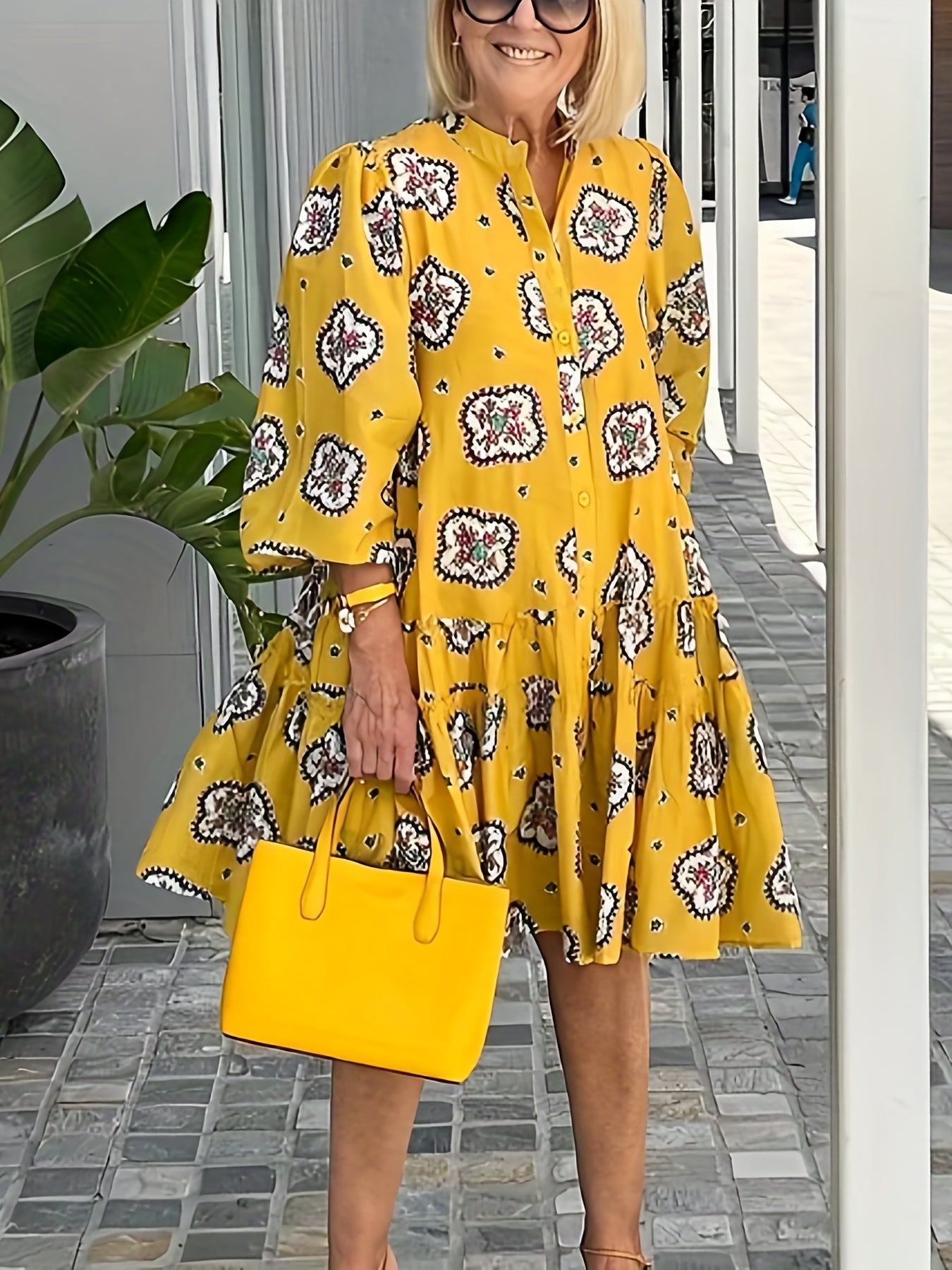 Tribal Print Puff Sleeve Smock Dress