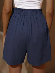 Boho Smocked Shorts Elastic High Waist Ruffle Trim with Pockets