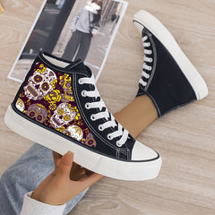 Skull Print Plush Lined High Top Canvas Sneakers