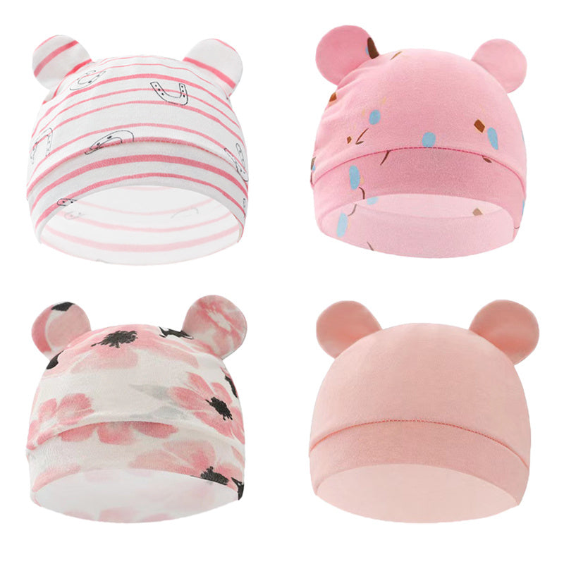 4pcs Baby Hat Cartoon Prints Soft Cotton for 0-6 Months Boy & Girl