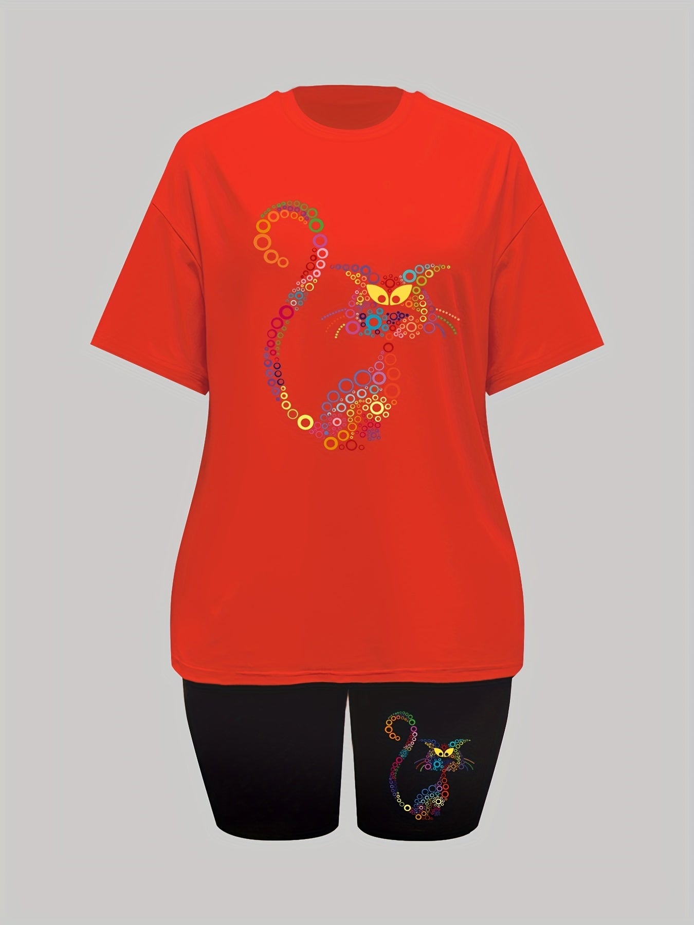 Circle Cat Print Lounge Set Short Sleeve Top & Shorts Women's Loungewear