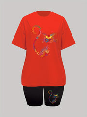 Circle Cat Print Lounge Set Short Sleeve Top & Shorts Women's Loungewear