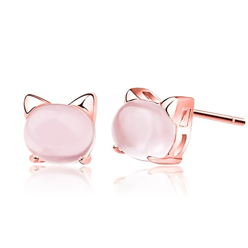 Kitty Pink Crystal Cat Stud Earrings for Valentines