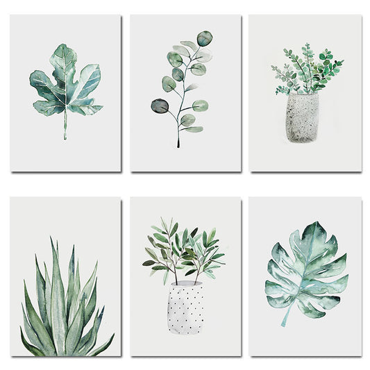 6pcs Watercolor Green Plant Leaves Botanical Art Canvas Poster