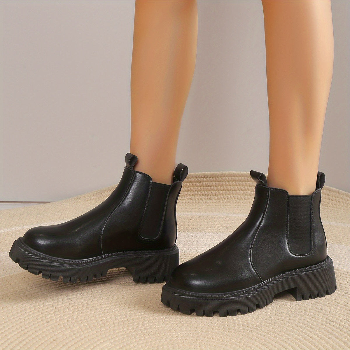 Women's Chunky Heel Platform Ankle Boots Slip On Round Toe Shoes