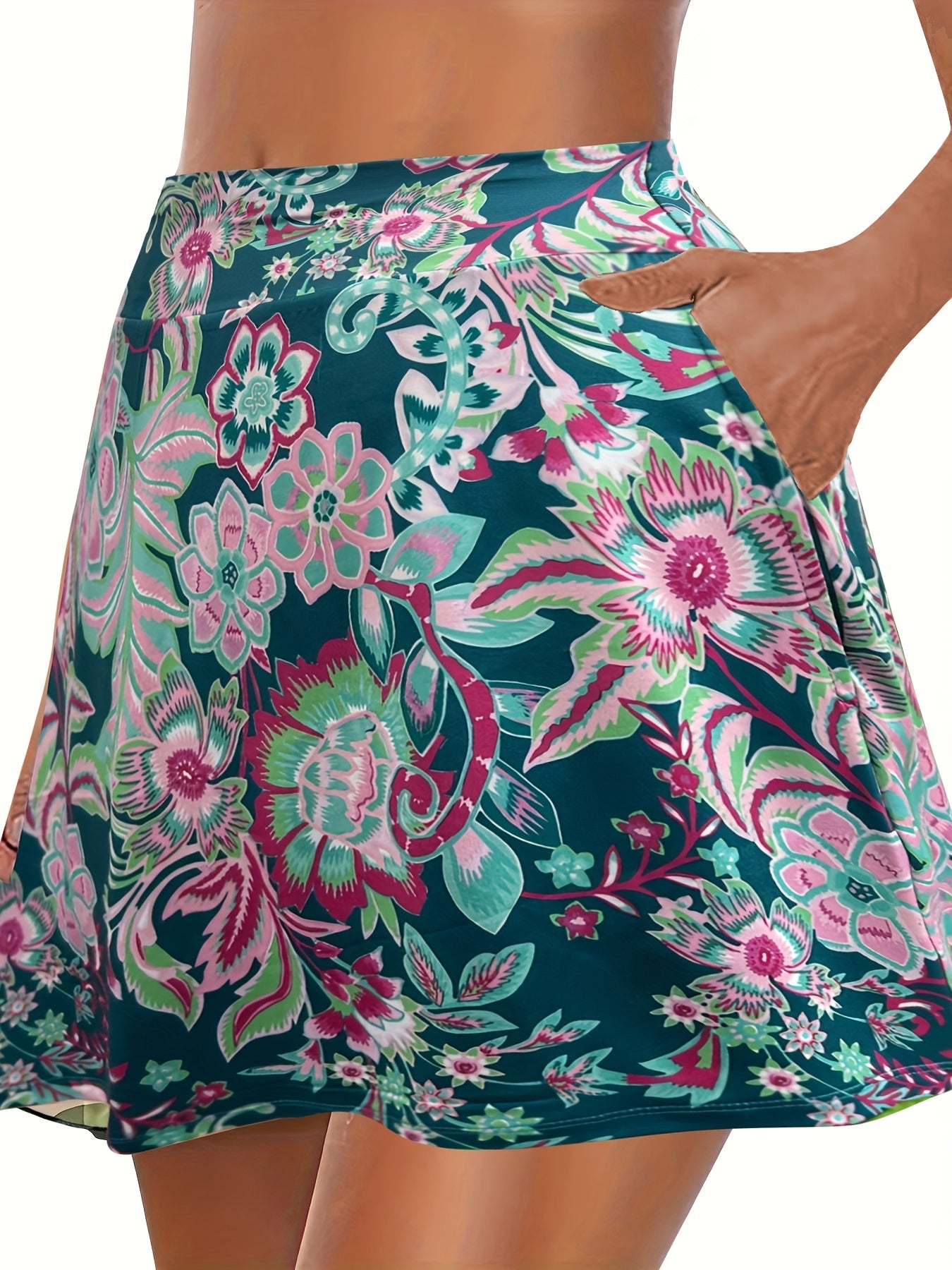 Floral Print Plus Size Sports Skirt With Pockets