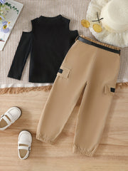 Girl's 2pcs Ribbed Top & Cargo Pants Set Shoulder Cut Out Casual Outfits
