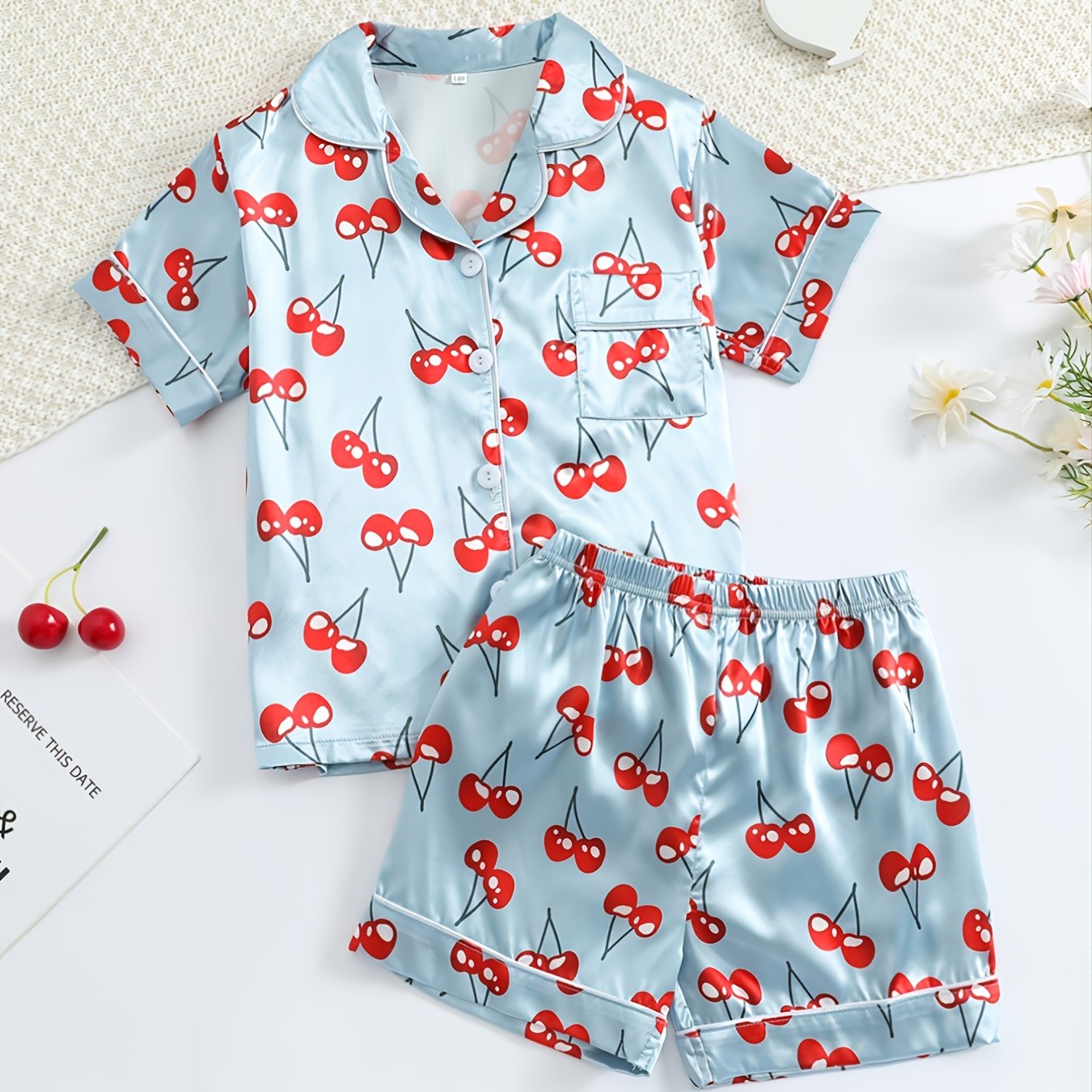 Girls Cherry Print Short Sleeve Shorts Pajama Set