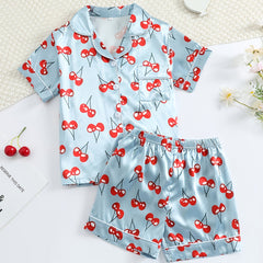 Girls Cherry Print Short Sleeve Shorts Pajama Set
