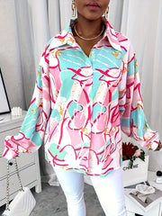 Casual Blouse Women's Plus Allover Print Button Up Long Sleeve