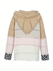 Leopard Patchwork V Neck Hooded Sweater