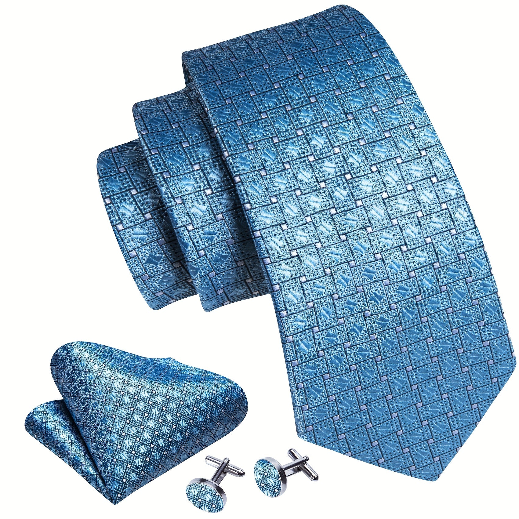 Barry Wang Men's Necktie Cufflinks Square Scarf Set Silk Plaid Pattern