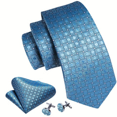 Barry Wang Men's Necktie Cufflinks Square Scarf Set Silk Plaid Pattern