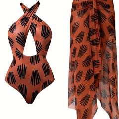 Criss Cross Hollow Out One Piece Swimsuit With Sarong Cover Up