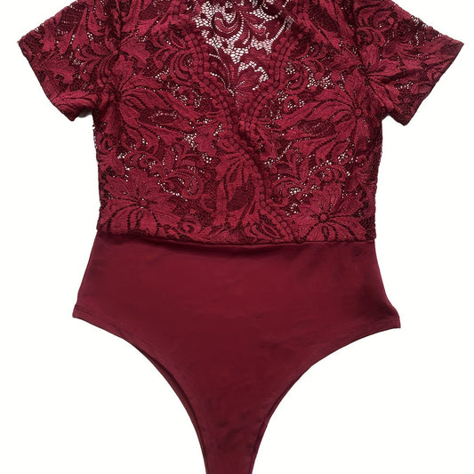 V Neck Lace Bodysuit Short Sleeve Summer Casual Women's Clothing