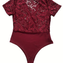 V Neck Lace Bodysuit Short Sleeve Summer Casual Women's Clothing
