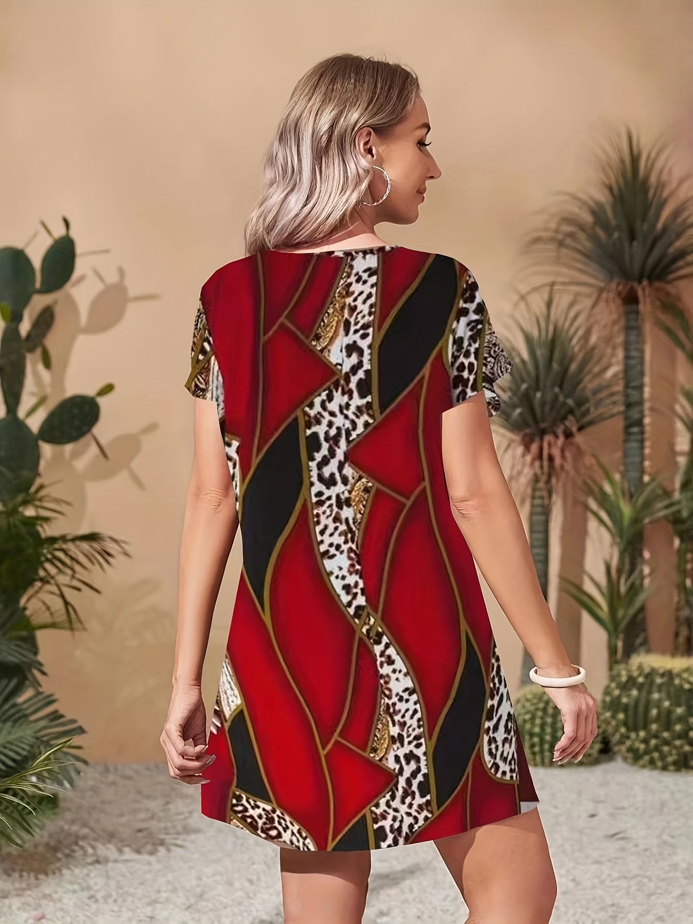 Random Print Crew Neck Casual Dress For Summer & Spring Women's Clothing