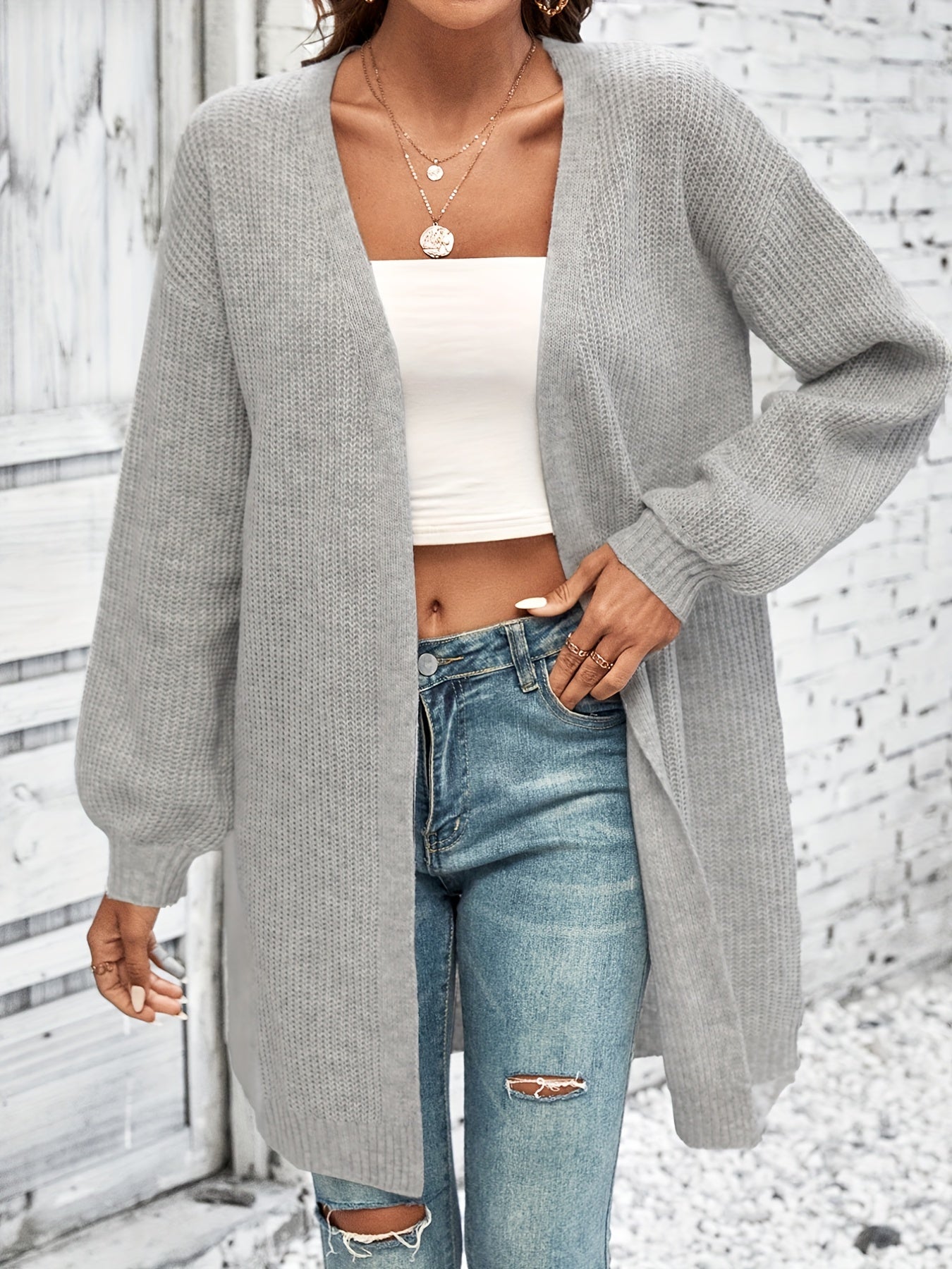 Women's Solid Long Sleeve Loose Fit Cardigan