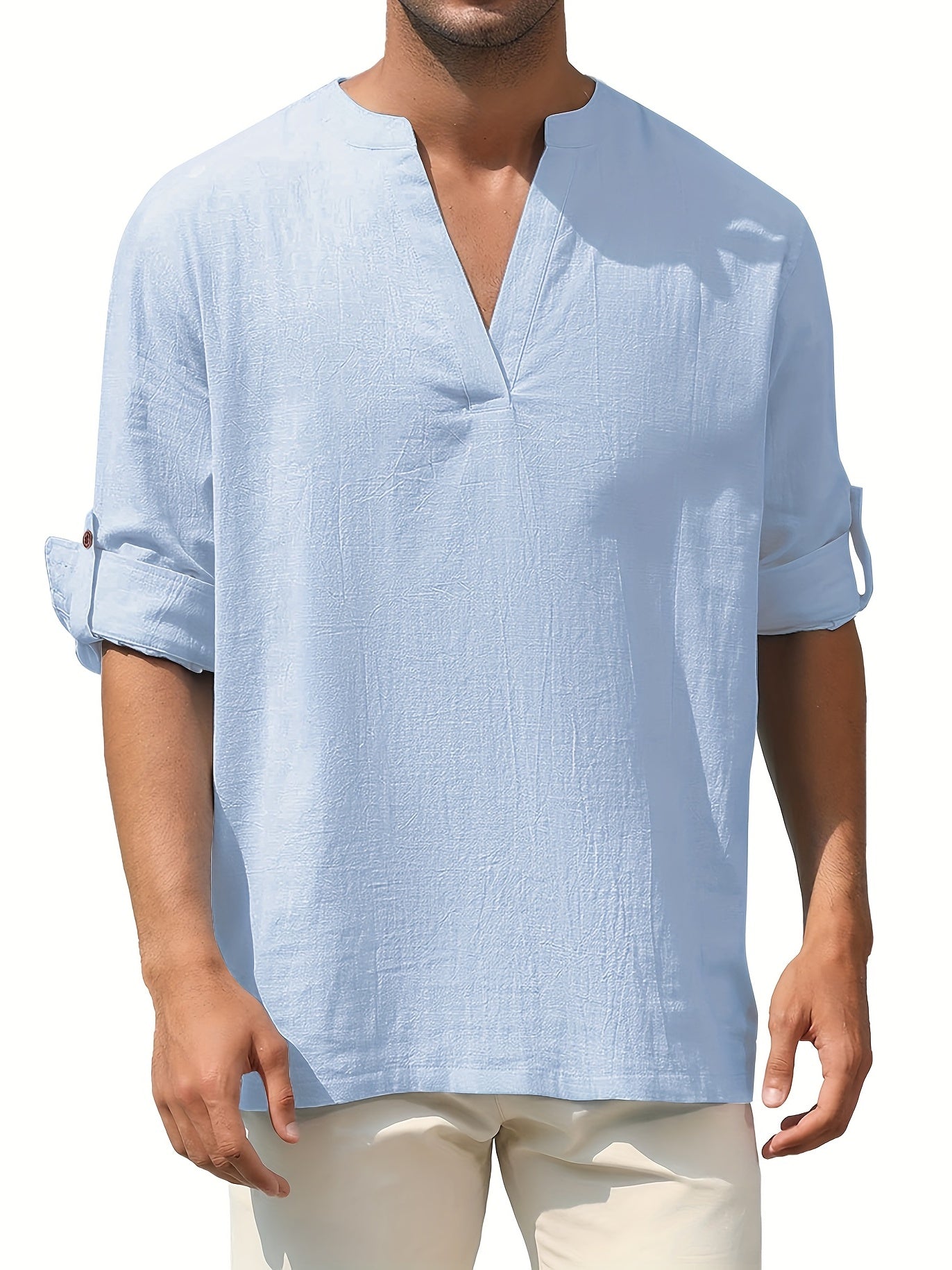 Men's Solid Long Sleeve V-Neck Shirt for Spring/Fall