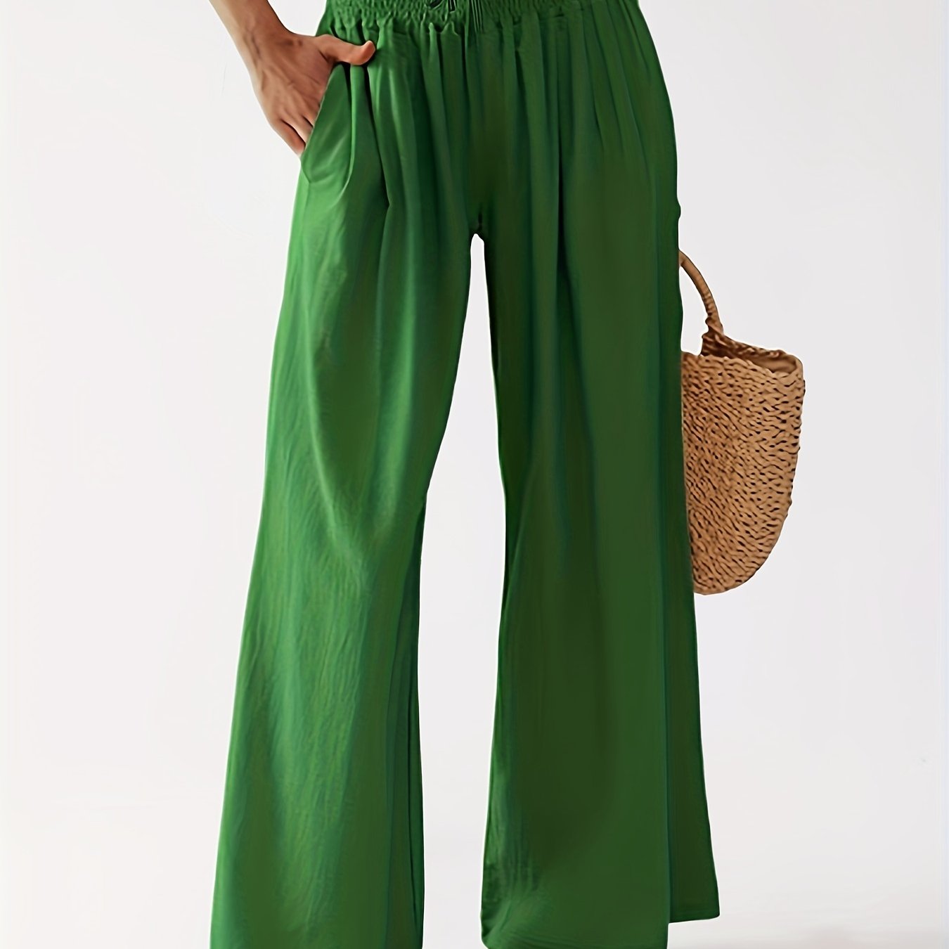 Drawstring Waist Wide Leg Pants Casual Solid Long Length