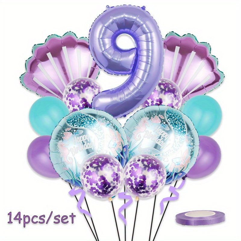 14pcs Mermaid Balloon Set Cartoon Purple Digital Shell Birthday Party Balloons