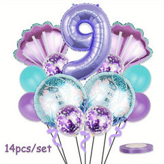 14pcs Mermaid Balloon Set Cartoon Purple Digital Shell Birthday Party Balloons