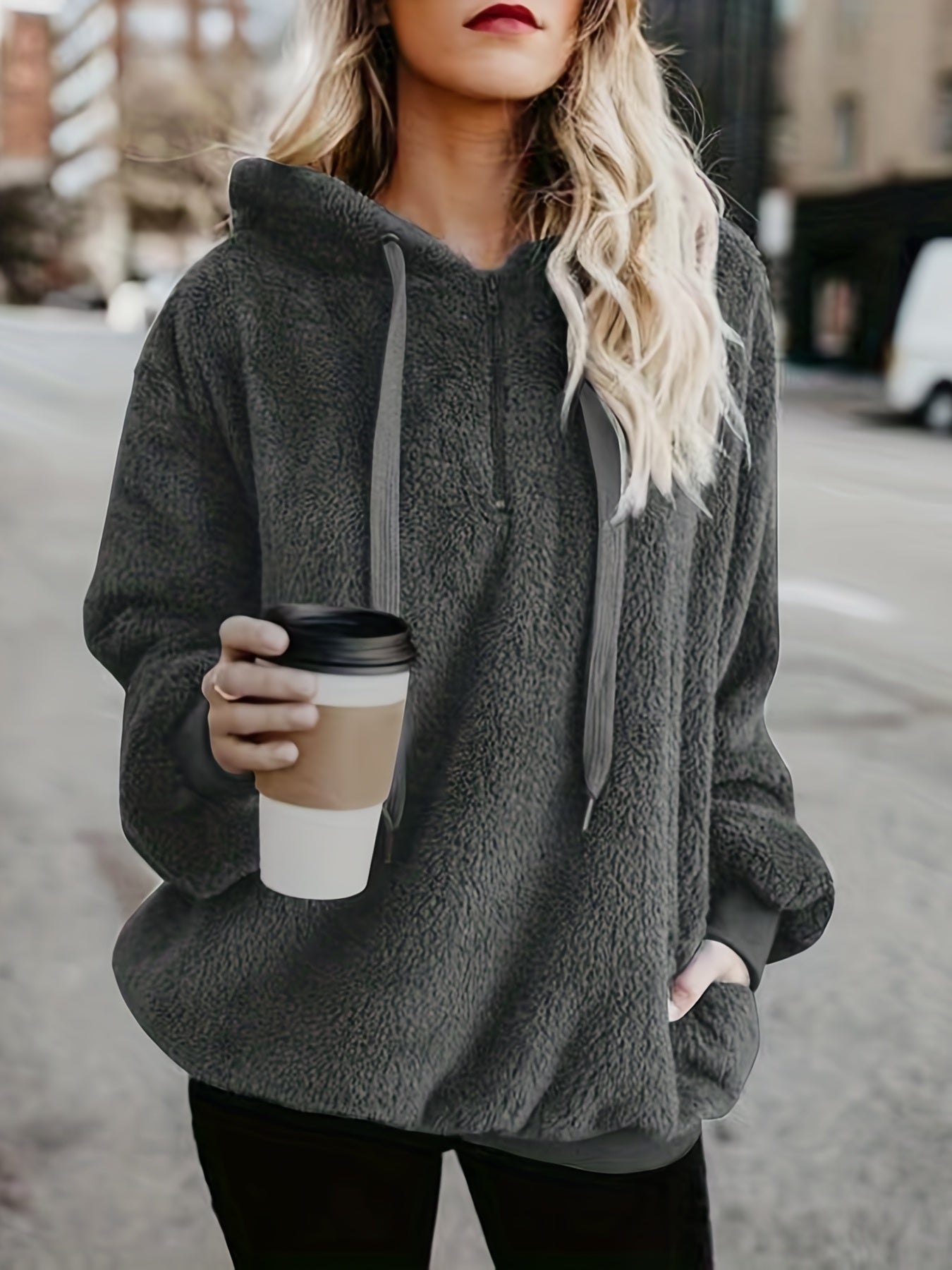 Solid Zip Pocket Fuzzy Hoodie Long Sleeve Drawstring Hoodie Sweatshirt
