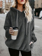 Solid Zip Pocket Fuzzy Hoodie Long Sleeve Drawstring Hoodie Sweatshirt