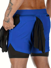 Men's 2-Layer Gym Running Shorts w/ Pockets Quick Dry Active Drawstring